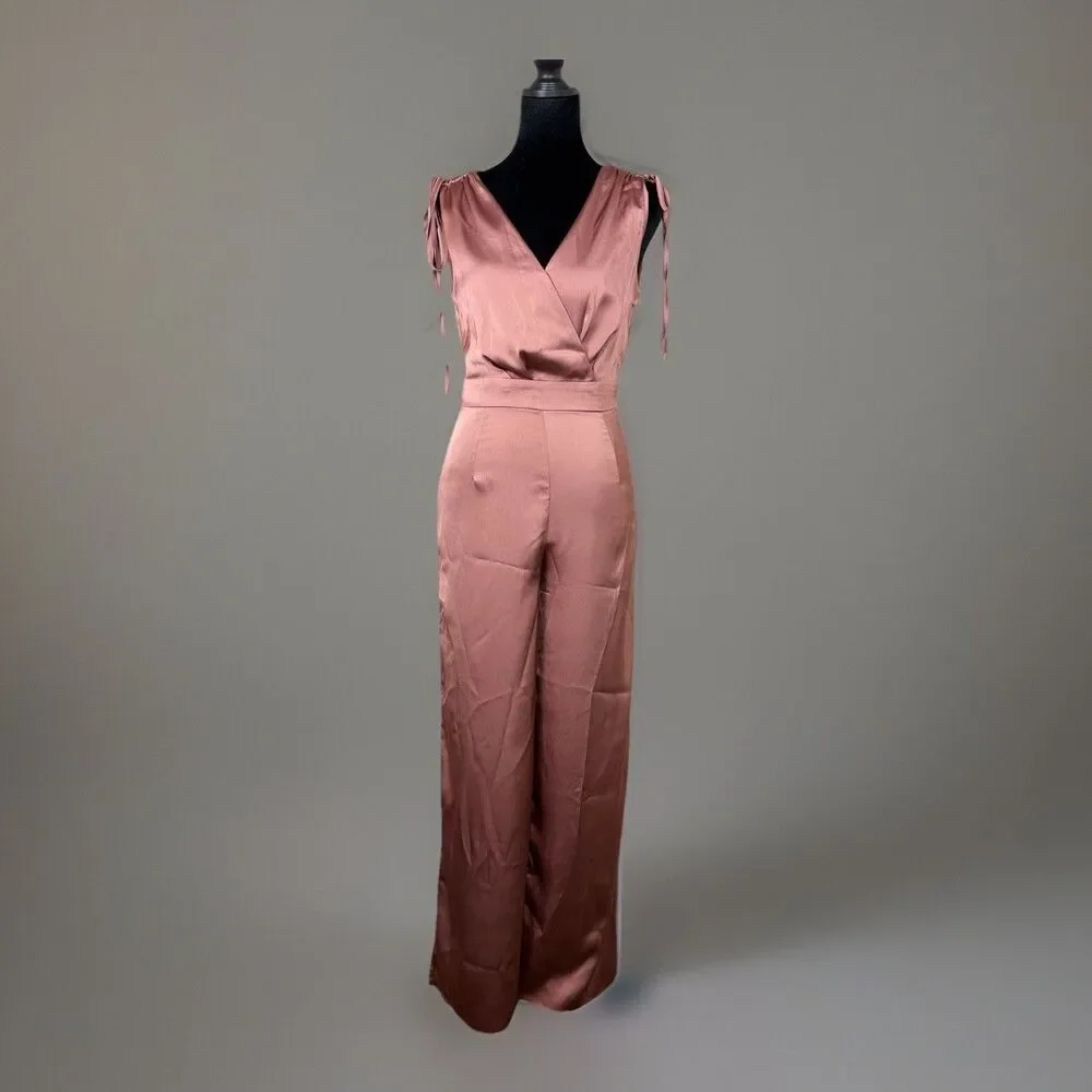Skies Are Blue Satin Jumpsuit XS Mauve Pink Tie Shoulder Wide Leg NWT - Picture 11 of 15